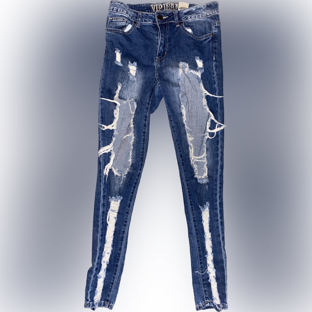 Distressed denim jeans